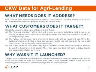 CKW Data for Agri-Lending addresses the need for “data for credit,” by using existing pools of data
on rural customers to ...