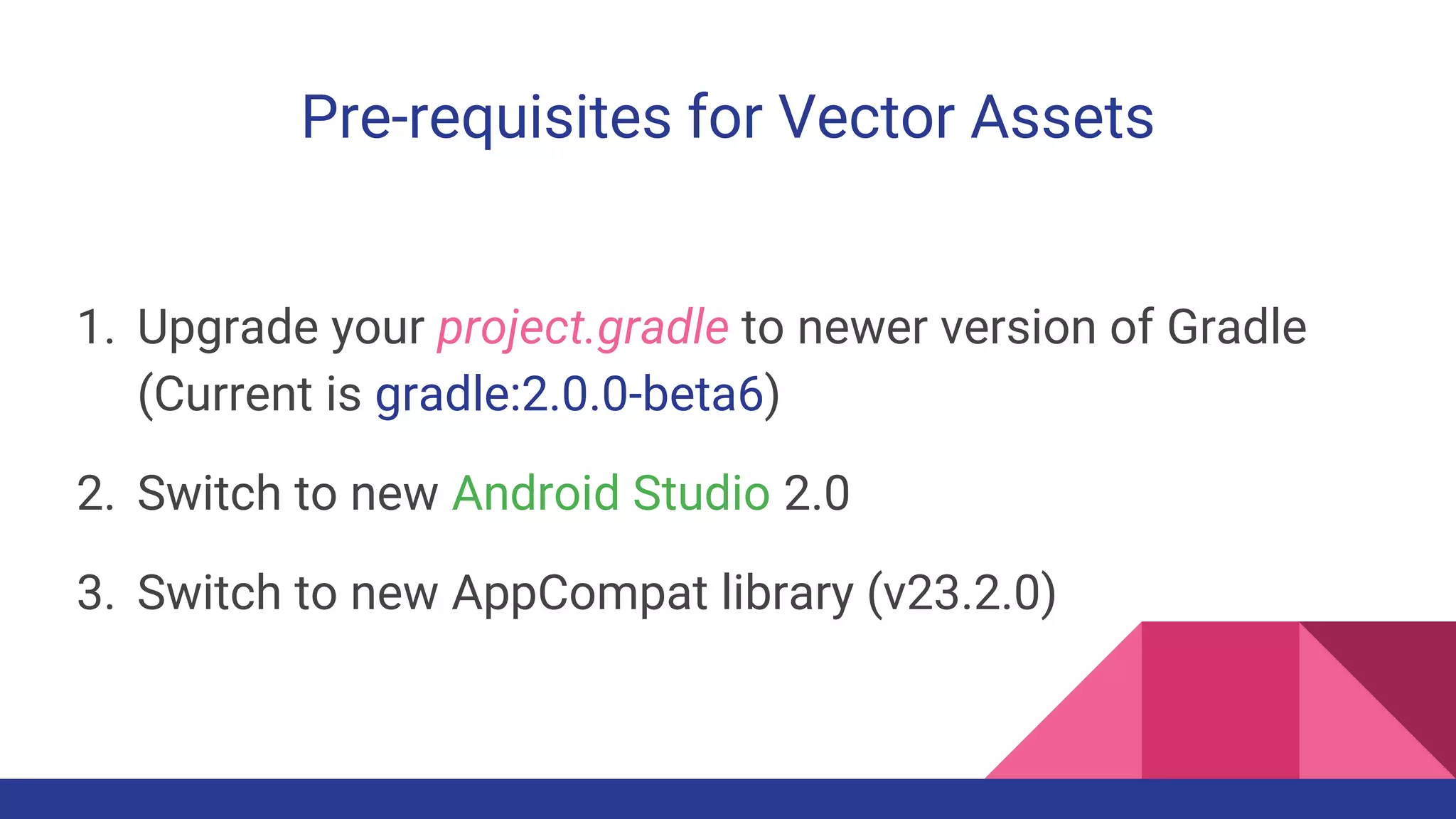 Pre-requisites for Vector Assets
1. Upgrade your project.gradle to newer version of Gradle
(Current is gradle:2.0.0-beta6)
2. Switch to new Android Studio 2.0
3. Switch to new AppCompat library (v23.2.0)
 