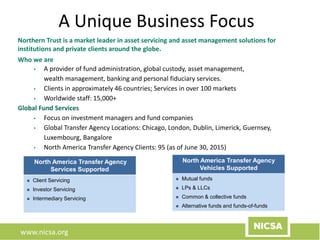 www.nicsa.org
A Unique Business Focus
Northern Trust is a market leader in asset servicing and asset management solutions for
institutions and private clients around the globe.
Who we are
• A provider of fund administration, global custody, asset management,
wealth management, banking and personal fiduciary services.
• Clients in approximately 46 countries; Services in over 100 markets
• Worldwide staff: 15,000+
Global Fund Services
• Focus on investment managers and fund companies
• Global Transfer Agency Locations: Chicago, London, Dublin, Limerick, Guernsey,
Luxembourg, Bangalore
• North America Transfer Agency Clients: 95 (as of June 30, 2015)
North America Transfer Agency
Vehicles Supported
 Mutual funds
 LPs & LLCs
 Common & collective funds
 Alternative funds and funds-of-funds
North America Transfer Agency
Services Supported
 Client Servicing
 Investor Servicing
 Intermediary Servicing
 