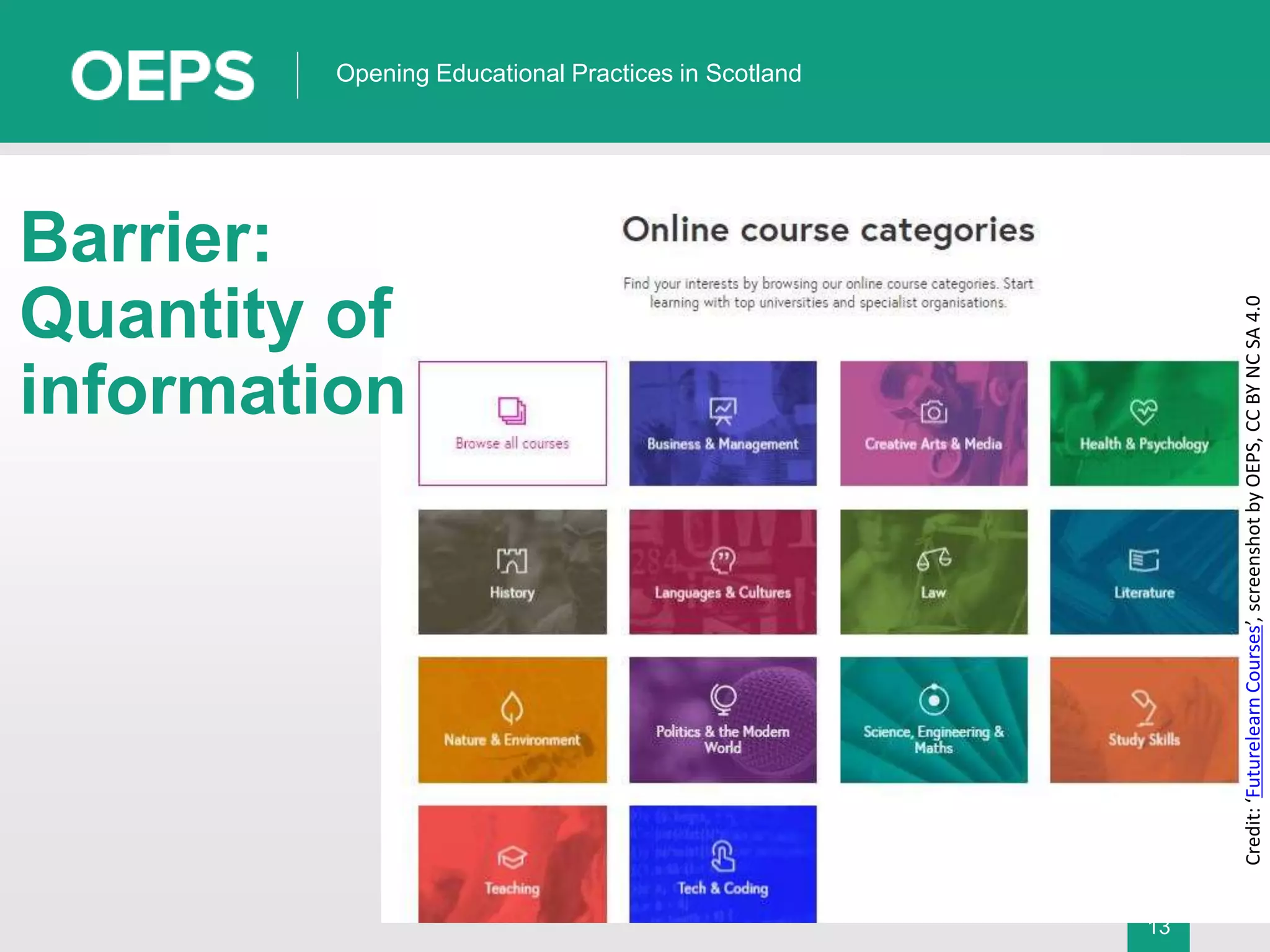 13
Opening Educational Practices in Scotland
Barrier:
Quantity of
information
Credit:‘FuturelearnCourses’,screenshotbyOEPS,CCBYNCSA4.0
 