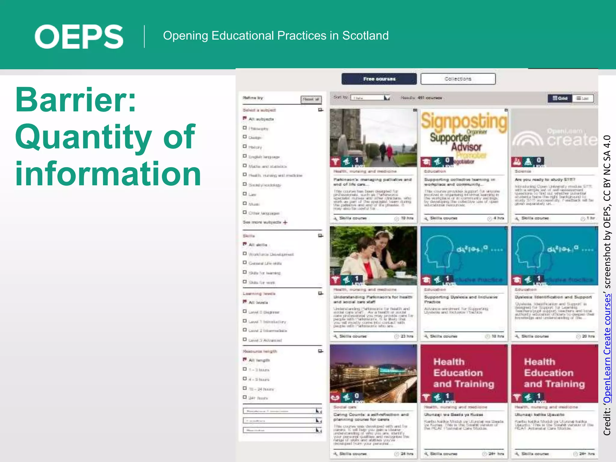 14
Opening Educational Practices in Scotland
Barrier:
Quantity of
information
Credit:‘OpenLearnCreatecourses’screenshotbyOEPS,CCBYNCSA4.0
 