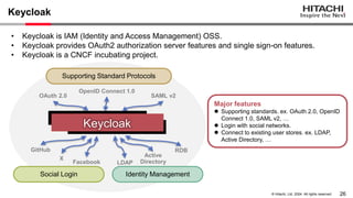 26
© Hitachi, Ltd. 2024. All rights reserved.
Major features
⚫ Supporting standards. ex. OAuth 2.0, OpenID
Connect 1.0, SAML v2, …
⚫ Login with social networks.
⚫ Connect to existing user stores. ex. LDAP,
Active Directory, …
Keycloak
• Keycloak is IAM (Identity and Access Management) OSS.
• Keycloak provides OAuth2 authorization server features and single sign-on features.
• Keycloak is a CNCF incubating project.
Supporting Standard Protocols
Keycloak
LDAP
Active
Directory
RDB
OpenID Connect 1.0
SAML v2
GitHub
X
Facebook
Identity Management
Social Login
OAuth 2.0
 