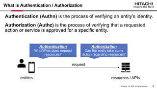 4
© Hitachi, Ltd. 2024. All rights reserved.
What is Authentication / Authorization
Authentication (Authn) is the process of verifying an entity's identity.
Authorization (Authz) is the process of verifying that a requested
action or service is approved for a specific entity.
entities resources / APIs
request
Authentication
Who/What does request
resources?
Authorization
Can the entity take some
action regarding resources?
 
