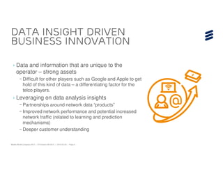 Data insight driven
business innovation

  › Data and information that are unique to the
    operator – strong assets
         – Difficult for other players such as Google and Apple to get
           hold of this kind of data – a differentiating factor for the
           telco players.
  › Leveraging on data analysis insights
         – Partnerships around network data “products”
         – Improved network performance and potential increased
           network traffic (related to learning and prediction
           mechanisms)
         – Deeper customer understanding


Mobile World Congress 2013 | © Ericsson AB 2013 | 2013-02-25 | Page 5
 