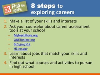 8 steps to 
exploring careers 
1. Make a list of your skills and interests 
2. Ask your counselor about career assessment 
tools at your school 
– MyNextMove.org 
– ONETonline.org 
– BLS.gov/k12 
– H3.ne.gov 
3. Learn about jobs that match your skills and 
interests 
4. Find out what courses and activities to pursue 
in high school 
 