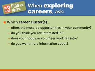 When exploring 
careers, ask: 
■ Which career cluster(s)… 
– offers the most job opportunities in your community? 
– do you think you are interested in? 
– does your hobby or volunteer work fall into? 
– do you want more information about? 
 