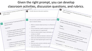 Given the right prompt, you can develop
classroom activities, discussion questions, and rubrics.
 