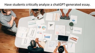 Have students critically analyze a chatGPT-generated essay.
 