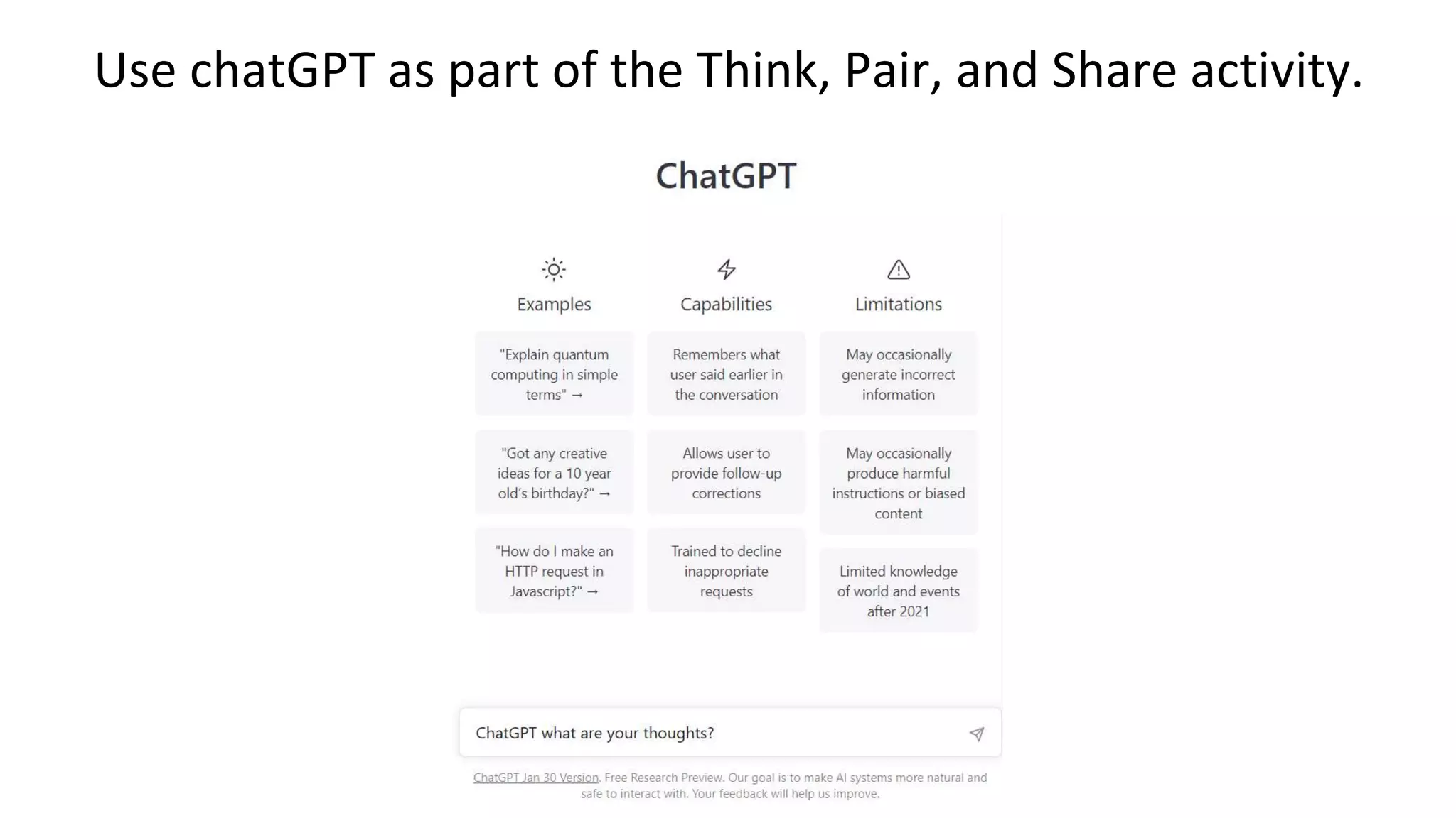 Use chatGPT as part of the Think, Pair, and Share activity.
 