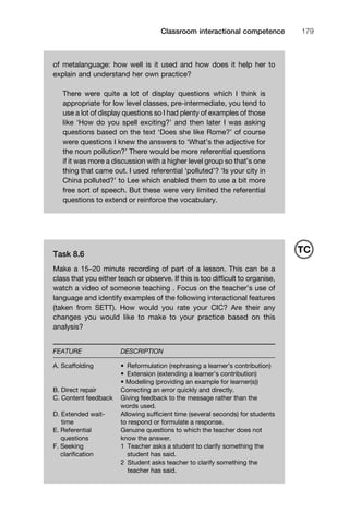 1111
2
3
4
5
6
7
8
9
1011
1
2
3111
4
5
6
7
8
9
20111
1
2
3
4
5
6
7
8
9
30111
1
2
3
4
35
6
7
8
9
40111
1
2
3
4
45111
Classroom interactional competence 179
of metalanguage: how well is it used and how does it help her to
explain and understand her own practice?
There were quite a lot of display questions which I think is
appropriate for low level classes, pre-intermediate, you tend to
use a lot of display questions so I had plenty of examples of those
like ‘How do you spell exciting?’ and then later I was asking
questions based on the text ‘Does she like Rome?’ of course
were questions I knew the answers to ‘What’s the adjective for
the noun pollution?’ There would be more referential questions
if it was more a discussion with a higher level group so that’s one
thing that came out. I used referential ‘polluted’? ‘Is your city in
China polluted?’ to Lee which enabled them to use a bit more
free sort of speech. But these were very limited the referential
questions to extend or reinforce the vocabulary.
Task 8.6
Make a 15–20 minute recording of part of a lesson. This can be a
class that you either teach or observe. If this is too difﬁcult to organise,
watch a video of someone teaching . Focus on the teacher’s use of
language and identify examples of the following interactional features
(taken from SETT). How would you rate your CIC? Are their any
changes you would like to make to your practice based on this
analysis?
FEATURE DESCRIPTION
A. Scaffolding • Reformulation (rephrasing a learner’s contribution)
• Extension (extending a learner’s contribution)
• Modelling (providing an example for learner(s))
B. Direct repair Correcting an error quickly and directly.
C. Content feedback Giving feedback to the message rather than the
words used.
D. Extended wait- Allowing sufﬁcient time (several seconds) for students
time to respond or formulate a response.
E. Referential Genuine questions to which the teacher does not
questions know the answer.
F. Seeking 1 Teacher asks a student to clarify something the
clariﬁcation student has said.
2 Student asks teacher to clarify something the
teacher has said.
TC
 