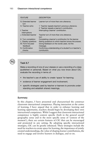 Classroom interactional competence180
FEATURE DESCRIPTION
G. Extended learner Learner turn of more than one utterance.
turn
H. Teacher echo 1 Teacher repeats teacher’s previous utterance.
2 Teacher repeats a learner’s contribution.
I. Teacher Interrupting a learner’ contribution.
interruptions
J. Extended teacher Teacher turn of more than one utterance.
turn
K. Turn completion Completing a learner’s contribution for the learner.
L. Display questions Asking questions to which teacher knows the answer.
M. Form-focused Giving feedback on the words used, not the
feedback message.
N. Conﬁrmation Conﬁrming understanding of a student’s or teacher’s
checks contribution.
Summary
In this chapter, I have presented and characterised the construct
classroom interactional competence. Placing interaction at the centre
of learning, I have argued that in order to enhance learning and
learning opportunity, teachers should begin by developing their own
interactional competence. While I suggest that classroom interactional
competence is highly context speciﬁc (both in the general social/
geographic sense and in the more speciﬁc sense of ‘context of the
moment’), there are certain features of CIC that can be encouraged
and promoted in any setting. By adopting speciﬁc interactional
strategies, CIC can be greatly enhanced. These strategies include the
need for teachers to create space for learning, the importance of jointly
created understandings, the value of shaping learner contributions, the
need to engage and involve learners in dialogue, and so on.
Task 8.7
Make a recording of one of your classes or use a recording of a class
(published or personal). Based on what you now know about CIC,
evaluate the recording in terms of:
• the teacher’s use of ability to create ‘space’ for learning;
• evidence of learner engagement and involvement;
• speciﬁc strategies used by teacher or learners to promote under-
standing and establish shared meanings.
TC
 
