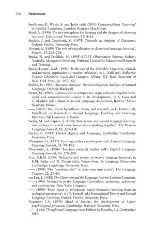 Seedhouse, P., Walsh, S. and Jenks (eds) (2010) Conceptualising ‘Learning’
in Applied Linguistics, London: Palgrave-MacMillan.
Sfard, A. (1998) ‘On two metaphors for learning and the dangers of choosing
just one’, Educational Researcher, 27: 4–13.
Sinclair, J. and Coulthard, M. (1975) Towards an Analysis of Discourse,
Oxford: Oxford University Press.
Slimani, A. (1989) ‘The role of topicalisation in classroom language learning’,
System, 17: 223–234.
Spada, N. and Frohlich, M. (1995) COLT Observation Scheme, Sydney,
Australia: Macquarie University, National Council for Educational Research
and Training.
Sparks-Langer, G.M. (1992) ‘In the eye of the beholder: Cognitive, critical,
and narrative approaches to teacher reﬂection’, in L. Valli (ed), Reﬂective
Teacher Education: Cases and Critiques, Albany, NY: State University of
New York Press, pp. 147–160.
Stubbs, M. (1983) Discourse Analysis: The Sociolinguistic Analysis of Natural
Language, Oxford: Blackwell.
Swain, M. (1985) ‘Communicative competence: some roles of comprehensible
input and comprehensible output in its development’, in S. Gass and
C. Madden (eds), Input in Second Language Acquisition, Rowley, Mass.:
Newbury House.
–––– (2005) ‘The output hypothesis: theory and research’, in E. Hinkel (ed),
Handbook on Research in Second Language Teaching and Learning,
Mahwah, NJ: Lawrence Erlbaum.
Swain, M. and Lapkin, S. (1998) ‘Interaction and second language learning:
two adolescent French immersion students working together’, The Modern
Language Journal, 83: 320–338.
Taylor, C. (1985) Human Agency and Language, Cambridge: Cambridge
University Press.
Thompson, G. (1997) ‘Training teachers to ask questions’, English Language
Teaching Journal, 51: 99–105.
Thornbury, S. (1996) ‘Teachers research teacher talk’, English Language
Teaching Journal, 50: 279–289.
Tsui, A.B.M. (1996) ‘Reticence and anxiety in second language learning’, in
K.M. Bailey and D. Nunan (eds), Voices from the Language Classroom,
Cambridge: Cambridge University Press.
–––– (1998) ‘The “unobservable” in classroom interaction’, The Language
Teacher, 22: 25–26.
van Lier, L. (1988) The Classroom and the Language Learner, London: Longman.
–––– (1996) Interaction in the Language Curriculum: awareness, autonomy
and authenticity, New York: Longman.
–––– (2000) ‘From input to affordance: social-interactive learning from an
ecological perspective’, in J.P. Lantolf (ed.) Sociocultural Theory and Second
Language Learning, Oxford: Oxford University Press.
Vygotsky, L.S. (1978) Mind in Society: the development of higher
psychological processes, Cambridge: Harvard University Press.
–––– (1986) Thought and Language (new Edition by Kozulin, A.), Cambridge:
MIT.
References232
 