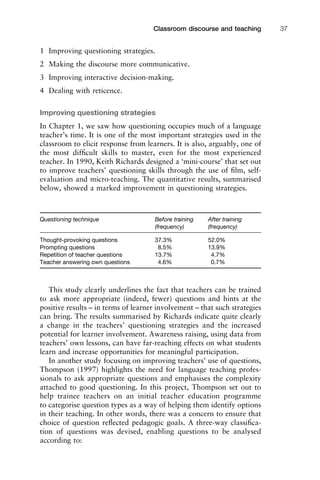 1111
2
3
4
5
6
7
8
9
1011
1
2
3111
4
5
6
7
8
9
20111
1
2
3
4
5
6
7
8
9
30111
1
2
3
4
35
6
7
8
9
40111
1
2
3
4
45111
Classroom discourse and teaching 37
1 Improving questioning strategies.
2 Making the discourse more communicative.
3 Improving interactive decision-making.
4 Dealing with reticence.
Improving questioning strategies
In Chapter 1, we saw how questioning occupies much of a language
teacher’s time. It is one of the most important strategies used in the
classroom to elicit response from learners. It is also, arguably, one of
the most difﬁcult skills to master, even for the most experienced
teacher. In 1990, Keith Richards designed a ‘mini-course’ that set out
to improve teachers’ questioning skills through the use of ﬁlm, self-
evaluation and micro-teaching. The quantitative results, summarised
below, showed a marked improvement in questioning strategies.
Questioning technique Before training After training
(frequency) (frequency)
Thought-provoking questions 37.3% 52.0%
Prompting questions 8.5% 13.9%
Repetition of teacher questions 13.7% 4.7%
Teacher answering own questions 4.6% 0.7%
This study clearly underlines the fact that teachers can be trained
to ask more appropriate (indeed, fewer) questions and hints at the
positive results – in terms of learner involvement – that such strategies
can bring. The results summarised by Richards indicate quite clearly
a change in the teachers’ questioning strategies and the increased
potential for learner involvement. Awareness raising, using data from
teachers’ own lessons, can have far-reaching effects on what students
learn and increase opportunities for meaningful participation.
In another study focusing on improving teachers’ use of questions,
Thompson (1997) highlights the need for language teaching profes-
sionals to ask appropriate questions and emphasises the complexity
attached to good questioning. In this project, Thompson set out to
help trainee teachers on an initial teacher education programme
to categorise question types as a way of helping them identify options
in their teaching. In other words, there was a concern to ensure that
choice of question reﬂected pedagogic goals. A three-way classiﬁca-
tion of questions was devised, enabling questions to be analysed
according to:
 
