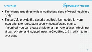 Overview
12
● The shared global region is a multitenant cloud of virtual machines
(VMs).
● These VMs provide the security and isolation needed for your
integrations to run custom code without affecting others.
If required, you can create single-tenant private spaces, which are
virtual, private, and isolated areas in CloudHub 2.0 in which to run
your apps.
 