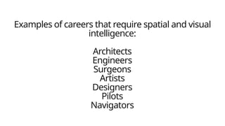 Examples of careers that require spatial and visual
intelligence:
Architects
Engineers
Surgeons
Artists
Designers
Pilots
Navigators
 