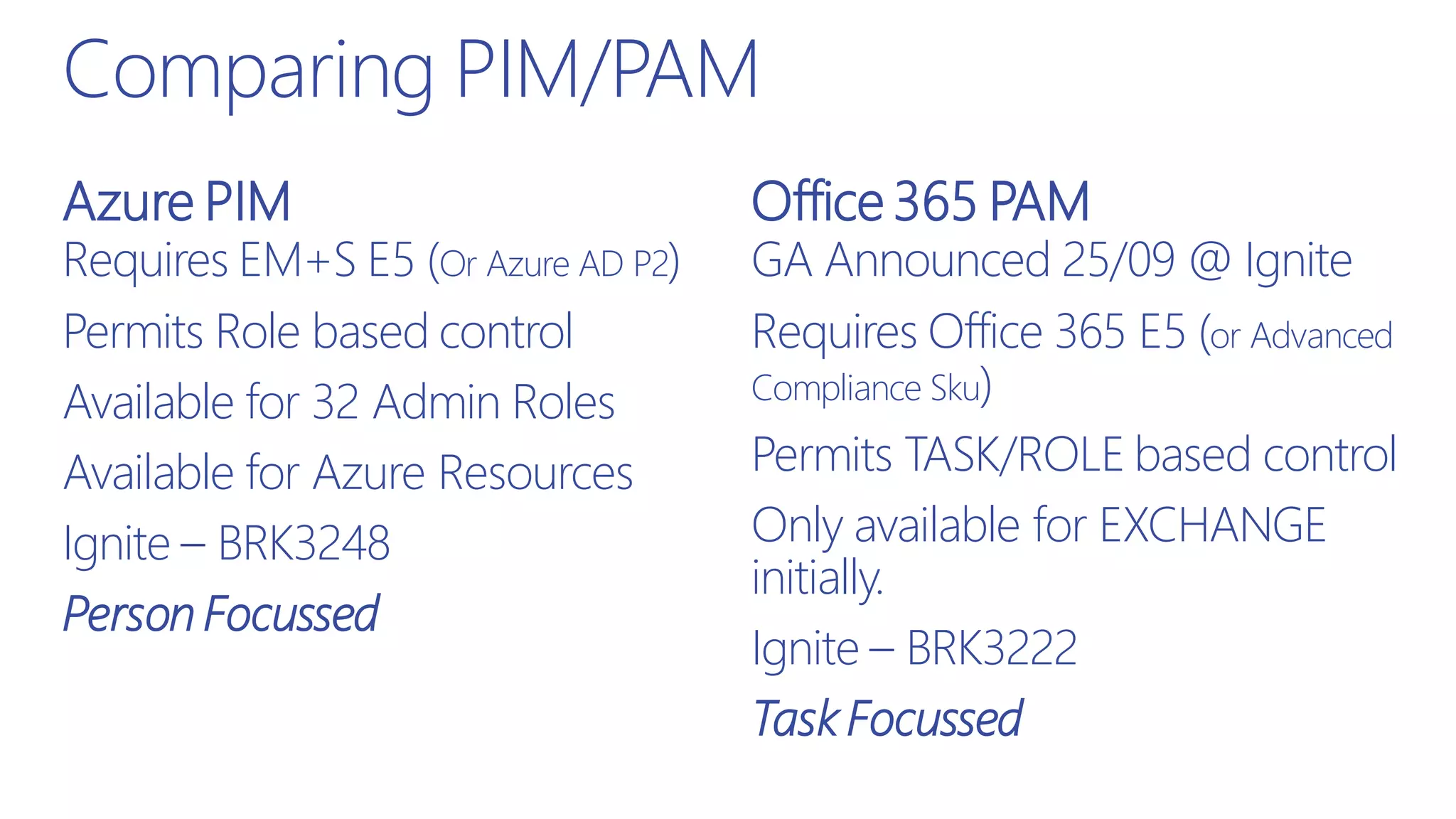 Comparing PIM/PAM
Requires EM+S E5 (Or Azure AD P2)
Permits Role based control
Available for 32 Admin Roles
Available for Azure Resources
Ignite – BRK3248
Person Focussed
GA Announced 25/09 @ Ignite
Requires Office 365 E5 (or Advanced
Compliance Sku)
Permits TASK/ROLE based control
Only available for EXCHANGE
initially.
Ignite – BRK3222
Task Focussed
Azure PIM Office 365 PAM
 