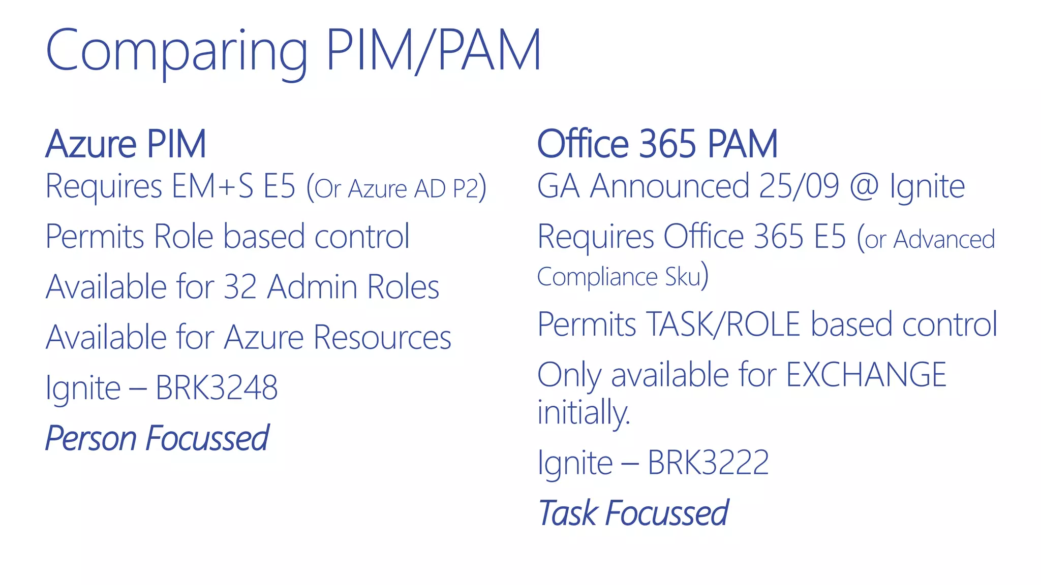 Comparing PIM/PAM
Requires EM+S E5 (Or Azure AD P2)
Permits Role based control
Available for 32 Admin Roles
Available for Azure Resources
Ignite – BRK3248
Person Focussed
GA Announced 25/09 @ Ignite
Requires Office 365 E5 (or Advanced
Compliance Sku)
Permits TASK/ROLE based control
Only available for EXCHANGE
initially.
Ignite – BRK3222
Task Focussed
Azure PIM Office 365 PAM
 