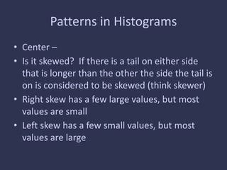 Patterns in Histograms
• Center –
• Is it skewed? If there is a tail on either side
that is longer than the other the side the tail is
on is considered to be skewed (think skewer)
• Right skew has a few large values, but most
values are small
• Left skew has a few small values, but most
values are large
 
