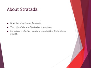 About Stratada
 Brief introduction to Stratada.
 The role of data in Stratada's operations.
 Importance of effective data visualization for business
growth.
 