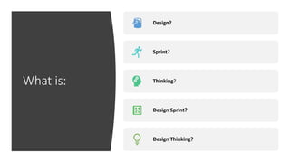 What is:
Design?
Sprint?
Thinking?
Design Sprint?
Design Thinking?
 