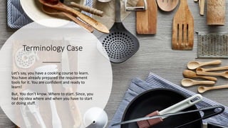 Terminology Case
Let’s say, you have a cooking course to learn.
You have already prepared the requirement
tools for it. You are confident and ready to
learn!
But, You don’t know. Where to start. Since, you
had no idea where and when you have to start
or doing stuff.
 