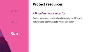 Protect resources
API and network security
Docker containers typically rely heavily on APIs and
networks to communicate with each other.
Build
Ship
Run
 