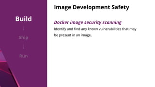 Image Development Safety
Identify and ﬁnd any known vulnerabilities that may
be present in an image.
Docker image security scanning
Build
Ship
Run
 