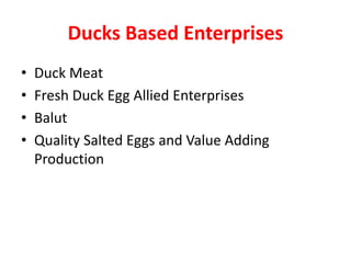 Ducks Based Enterprises
• Duck Meat
• Fresh Duck Egg Allied Enterprises
• Balut
• Quality Salted Eggs and Value Adding
Production
 
