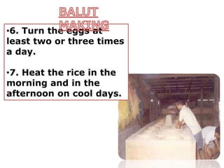 •6. Turn the eggs at
least two or three times
a day.
•7. Heat the rice in the
morning and in the
afternoon on cool days.
 