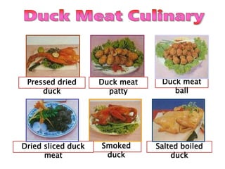 Pressed dried
duck
Duck meat
patty
Duck meat
ball
Smoked
duck
Salted boiled
duck
Dried sliced duck
meat
 
