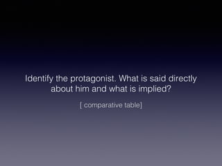Identify the protagonist. What is said directly
about him and what is implied?
[ comparative table]

 