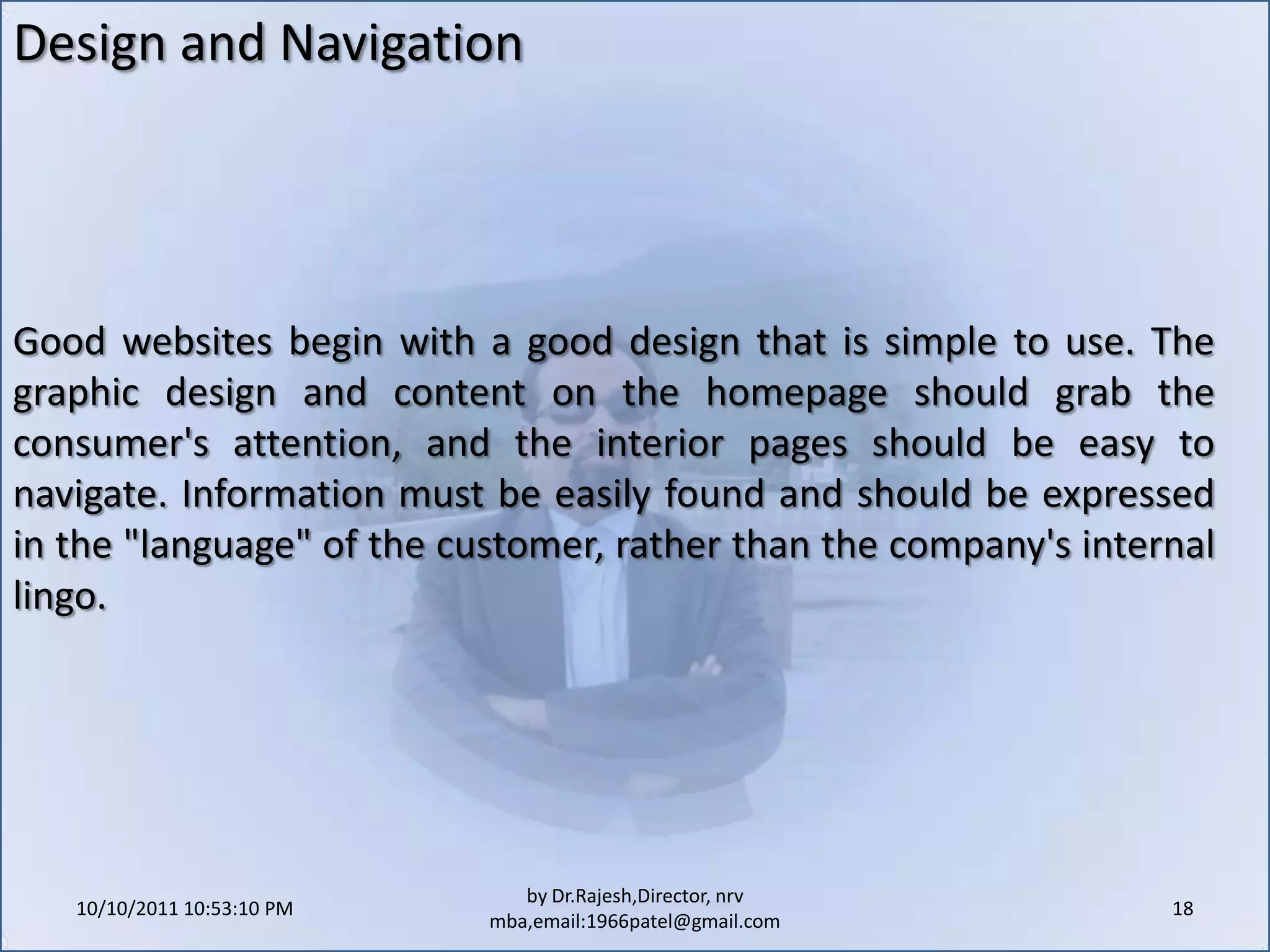 10/11/2011 11:04:22 AM16by Dr.Rajesh,Director, nrv mba,email:1966patel@gmail.comWhat about shipping charges? Online shopping breaks down most often over shipping charges. Imagine this: A customer sees a great price for just the product she's been searching for. After entering the information on the electronic order form, she is startled to see a huge shipping fee tacked onto the price. The result? By barely lifting a finger, the shopper clicks off the site and goes elsewhere.Some online companies absorb shipping charges; others include them in the listed price and offer "free" shipping. All the major postal carriers have websites that allow merchants to calculate the shipping charge for any item, based on weight and location.