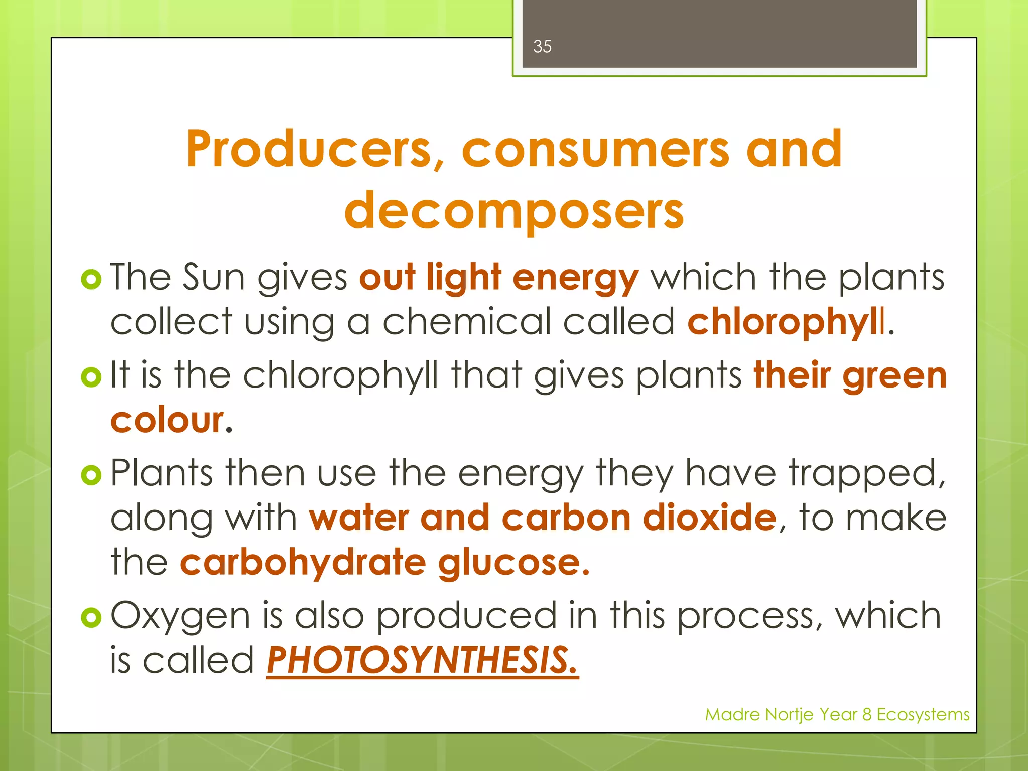 MUTUALISMHave you ever heard the saying ‘you scratch my back and I’ll scratch yours’? This is what mutualism is all about.Both of the organisms benefit from the relationship and neither is harmed. In many cases neither species can exist without the other.The lichen consists of a fungus and an alga growing together. The fungus gets food from the photosynthesising alga and the alga gets a place to live. It also gets mineral nutrients from the fungusMadre Nortje Year 8 Ecosystems21