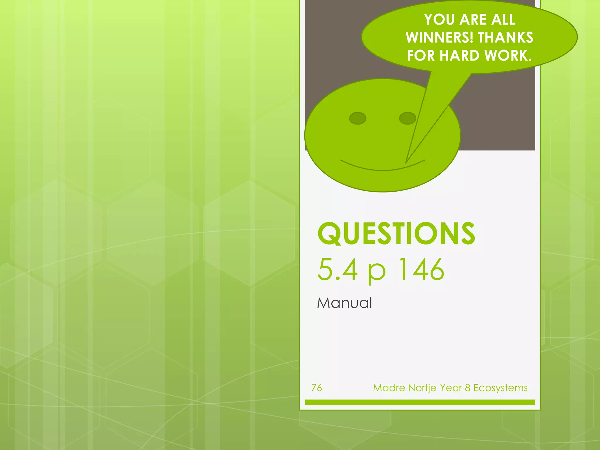 CELLULAR RESPIRATIONBoth plants and animals need energy for their everyday lives.The energy contained in food is released in a process called	cellular respiration.Plants use the glucose that they make in photosynthesis for this process.In animals the glucose comes from the food they eat, which is first broken down in their digestive systems.We can write a summary of what happens in cellular respiration:glucose + oxygen->energy + carbon dioxide + waterAs you can see, this process needs oxygen. During daylight plants usually have a ready supply of oxygen. Why is this so?Madre Nortje Year 8 Ecosystems62