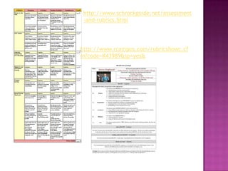 http://www.schrockguide.net/assessment
 -and-rubrics.html




http://www.rcampus.com/rubricshowc.cf
m?code=K43989&sp=yes&
 