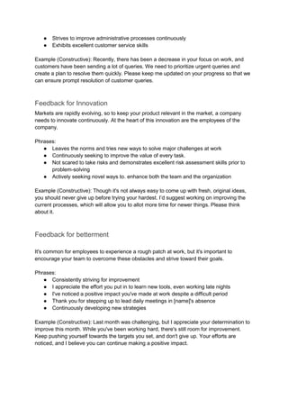 ● Strives to improve administrative processes continuously
● Exhibits excellent customer service skills
Example (Constructive): Recently, there has been a decrease in your focus on work, and
customers have been sending a lot of queries. We need to prioritize urgent queries and
create a plan to resolve them quickly. Please keep me updated on your progress so that we
can ensure prompt resolution of customer queries.
Feedback for Innovation
Markets are rapidly evolving, so to keep your product relevant in the market, a company
needs to innovate continuously. At the heart of this innovation are the employees of the
company.
Phrases:
● Leaves the norms and tries new ways to solve major challenges at work
● Continuously seeking to improve the value of every task.
● Not scared to take risks and demonstrates excellent risk assessment skills prior to
problem-solving
● Actively seeking novel ways to. enhance both the team and the organization
Example (Constructive): Though it's not always easy to come up with fresh, original ideas,
you should never give up before trying your hardest. I’d suggest working on improving the
current processes, which will allow you to allot more time for newer things. Please think
about it.
Feedback for betterment
It's common for employees to experience a rough patch at work, but it's important to
encourage your team to overcome these obstacles and strive toward their goals.
Phrases:
● Consistently striving for improvement
● I appreciate the effort you put in to learn new tools, even working late nights
● I've noticed a positive impact you've made at work despite a difficult period
● Thank you for stepping up to lead daily meetings in [name]'s absence
● Continuously developing new strategies
Example (Constructive): Last month was challenging, but I appreciate your determination to
improve this month. While you've been working hard, there's still room for improvement.
Keep pushing yourself towards the targets you set, and don't give up. Your efforts are
noticed, and I believe you can continue making a positive impact.
 