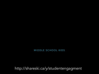 M I D D L E S C H O O L K I D S
“in technology we made a 3d city block on the
computers, it was interesting because it taught me
more about how things work”
http://shareski.ca/y/studentengagment
 