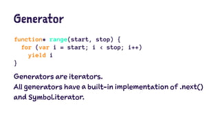 Generator
function* range(start, stop) {
for (var i = start; i < stop; i++)
yield i
}
Generators are iterators.
All generators have a built-in implementation of .next()
and Symbol.iterator.
 