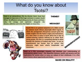 3
What do you know about
Tsotsi?
Tsotsi is an extraordinary film by director Gavin Hood that
manages to map some of the hu...