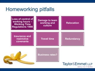 Homeworking pitfalls
Loss of control of
working hours –
Working Time
Regulations 1998
Damage to team
working and
culture
Relocation
Insurance and
restrictive
covenants
Travel time Redundancy
Business rates?
 