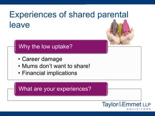 Experiences of shared parental
leave
• Career damage
• Mums don’t want to share!
• Financial implications
Why the low uptake?
What are your experiences?
 