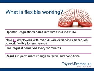 What is flexible working?
Updated Regulations came into force in June 2014
Now all employees with over 26 weeks’ service can request
to work flexibly for any reason
One request permitted every 12 months
Results in permanent change to terms and conditions
 