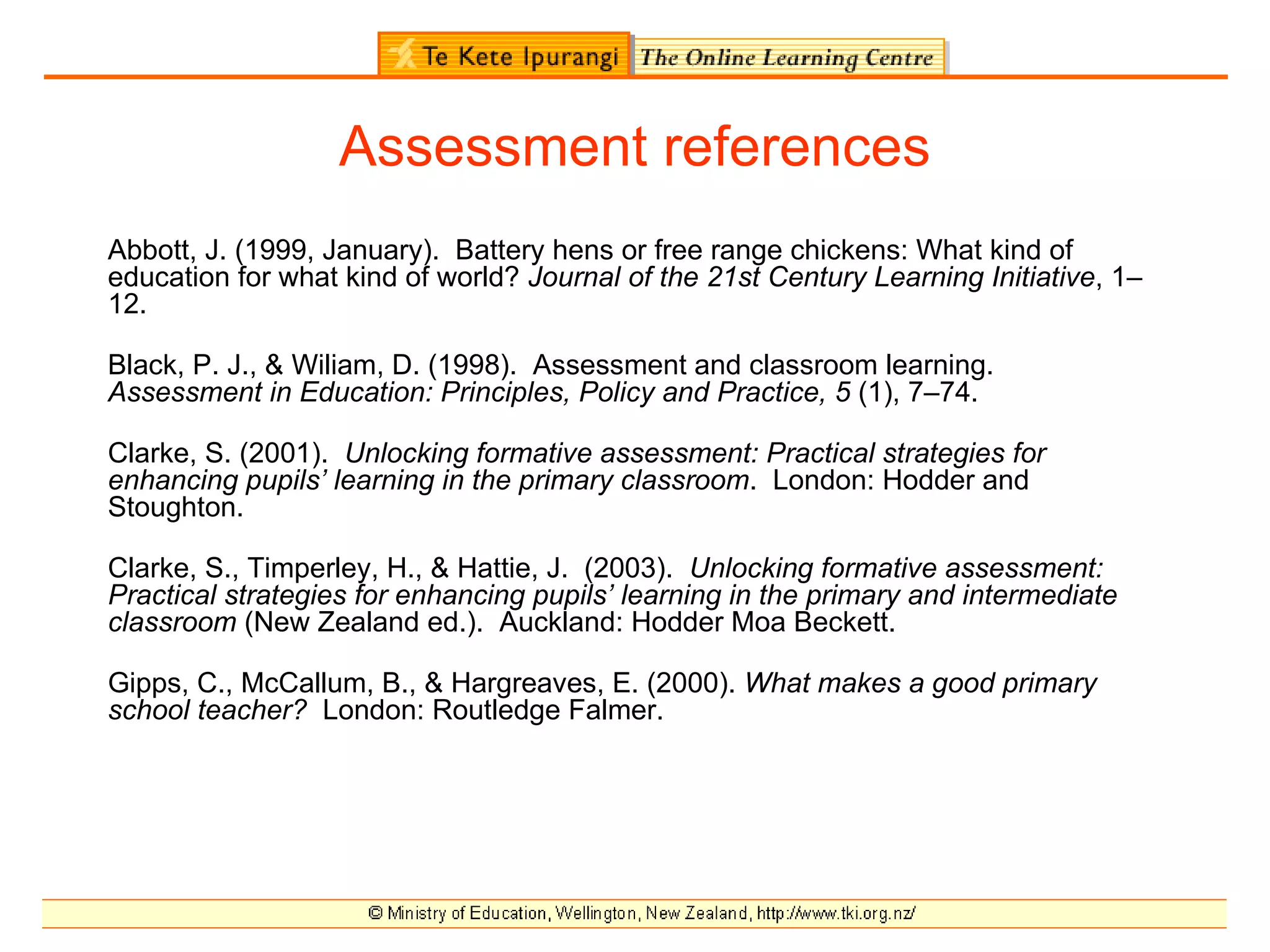Assessment references
Abbott, J. (1999, January). Battery hens or free range chickens: What kind of
education for what kind of world? Journal of the 21st Century Learning Initiative, 1–
12.

Black, P. J., & Wiliam, D. (1998). Assessment and classroom learning.
Assessment in Education: Principles, Policy and Practice, 5 (1), 7–74.

Clarke, S. (2001). Unlocking formative assessment: Practical strategies for
enhancing pupils’ learning in the primary classroom. London: Hodder and
Stoughton.

Clarke, S., Timperley, H., & Hattie, J. (2003). Unlocking formative assessment:
Practical strategies for enhancing pupils’ learning in the primary and intermediate
classroom (New Zealand ed.). Auckland: Hodder Moa Beckett.

Gipps, C., McCallum, B., & Hargreaves, E. (2000). What makes a good primary
school teacher? London: Routledge Falmer.
 