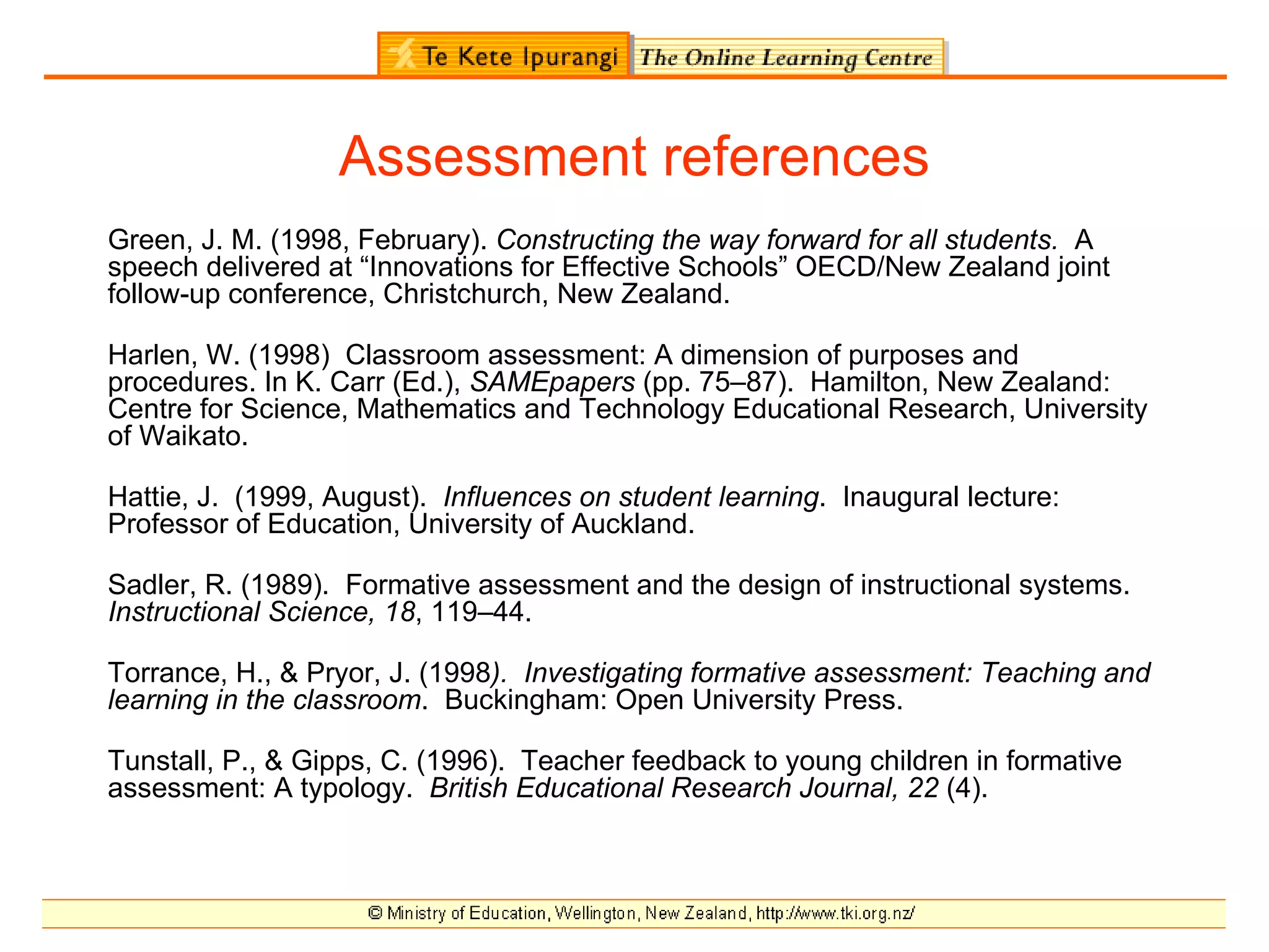 Assessment references
Green, J. M. (1998, February). Constructing the way forward for all students. A
speech delivered at “Innovations for Effective Schools” OECD/New Zealand joint
follow-up conference, Christchurch, New Zealand.

Harlen, W. (1998) Classroom assessment: A dimension of purposes and
procedures. In K. Carr (Ed.), SAMEpapers (pp. 75–87). Hamilton, New Zealand:
Centre for Science, Mathematics and Technology Educational Research, University
of Waikato.

Hattie, J. (1999, August). Influences on student learning. Inaugural lecture:
Professor of Education, University of Auckland.

Sadler, R. (1989). Formative assessment and the design of instructional systems.
Instructional Science, 18, 119–44.

Torrance, H., & Pryor, J. (1998). Investigating formative assessment: Teaching and
learning in the classroom. Buckingham: Open University Press.

Tunstall, P., & Gipps, C. (1996). Teacher feedback to young children in formative
assessment: A typology. British Educational Research Journal, 22 (4).
 