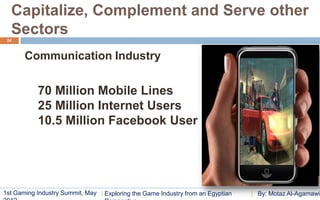 Capitalize, Complement and Serve other
  Sectors
 24



       Communication Industry


           70 Million Mobile Lines
           25 Million Internet Users
           10.5 Million Facebook User




1st Gaming Industry Summit, May   Exploring the Game Industry from an Egyptian   By: Motaz Al-Agamawi
 