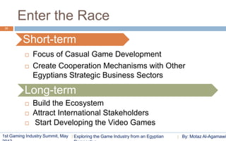 Enter the Race
 31



         Short-term
             Focus of Casual Game Development
             Create Cooperation Mechanisms with Other
              Egyptians Strategic Business Sectors

          Long-term
             Build the Ecosystem
             Attract International Stakeholders
             Start Developing the Video Games
1st Gaming Industry Summit, May   Exploring the Game Industry from an Egyptian   By: Motaz Al-Agamawi
 
