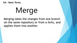 Git - Basic Terms 
Merge 
Merging takes the changes from one branch 
(in the same repository or from a fork), and 
applies them into another. 
 