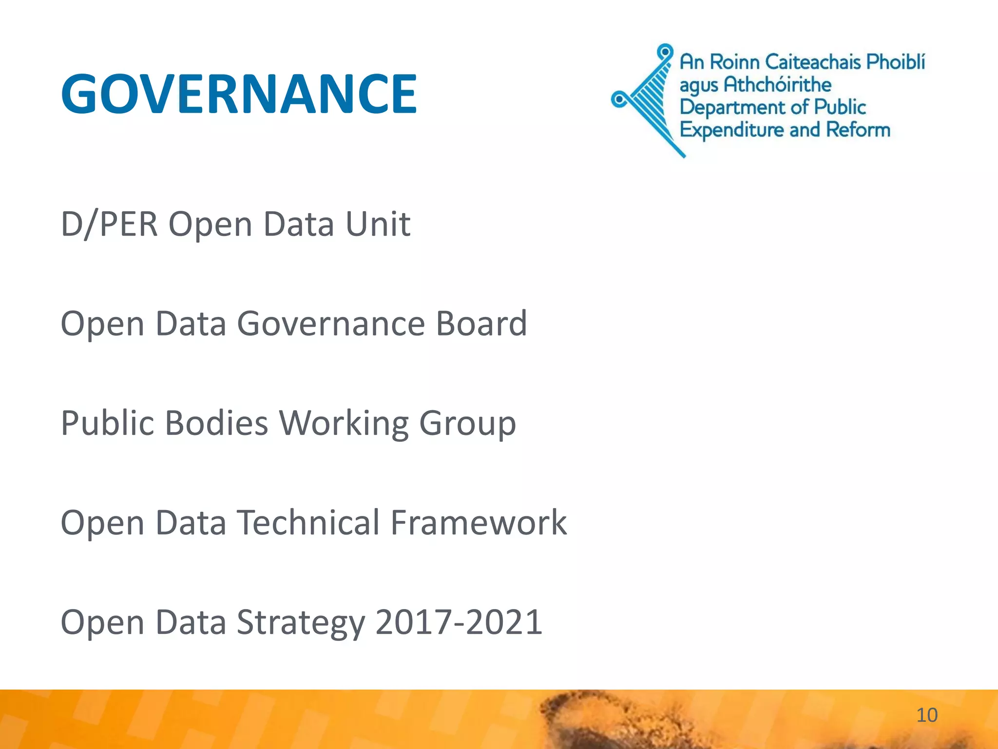 GOVERNANCE
10
D/PER Open Data Unit
Open Data Governance Board
Public Bodies Working Group
Open Data Technical Framework
Open Data Strategy 2017-2021