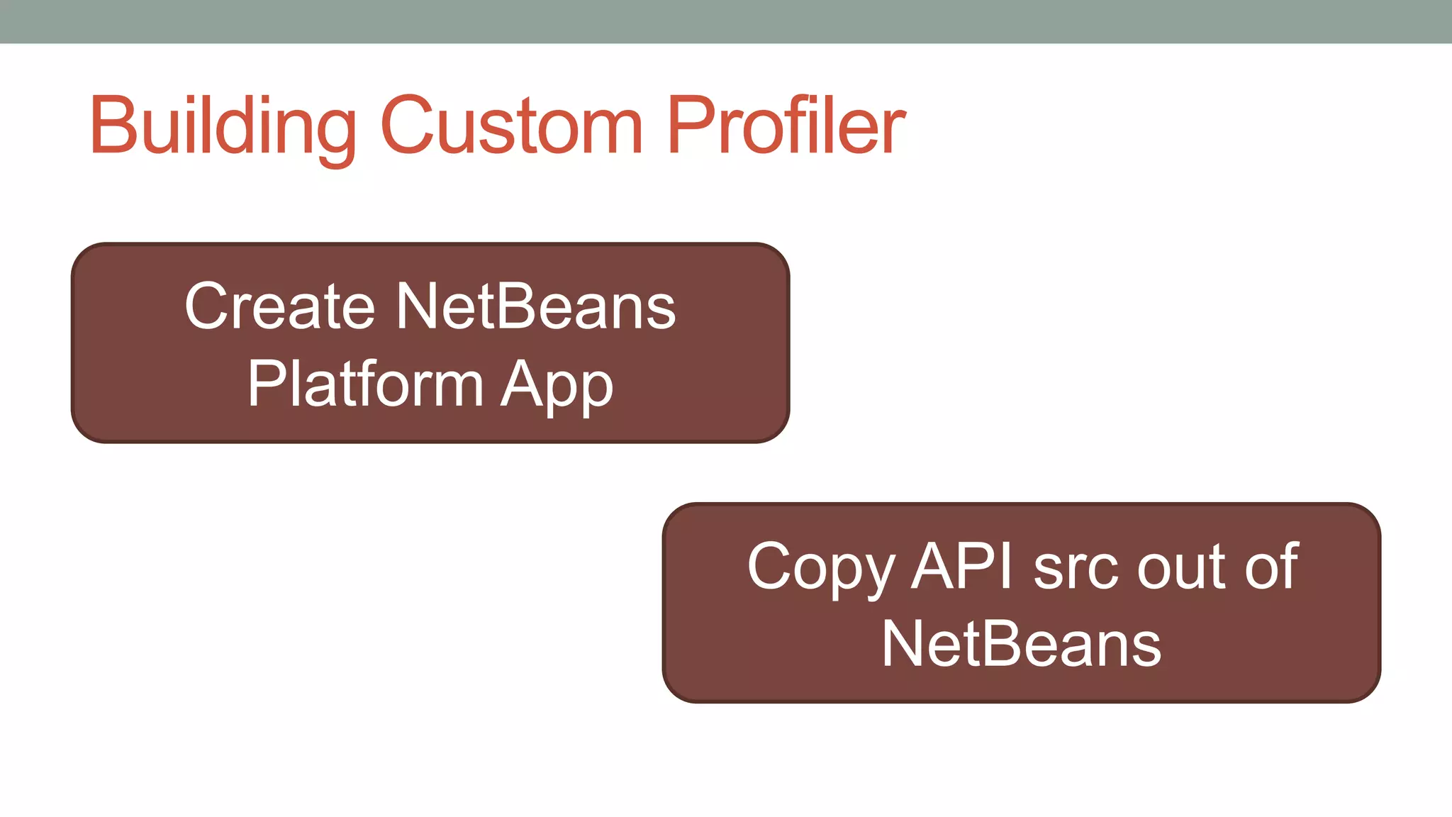 Building Custom Profiler
Create NetBeans
Platform App
Copy API src out of
NetBeans
 