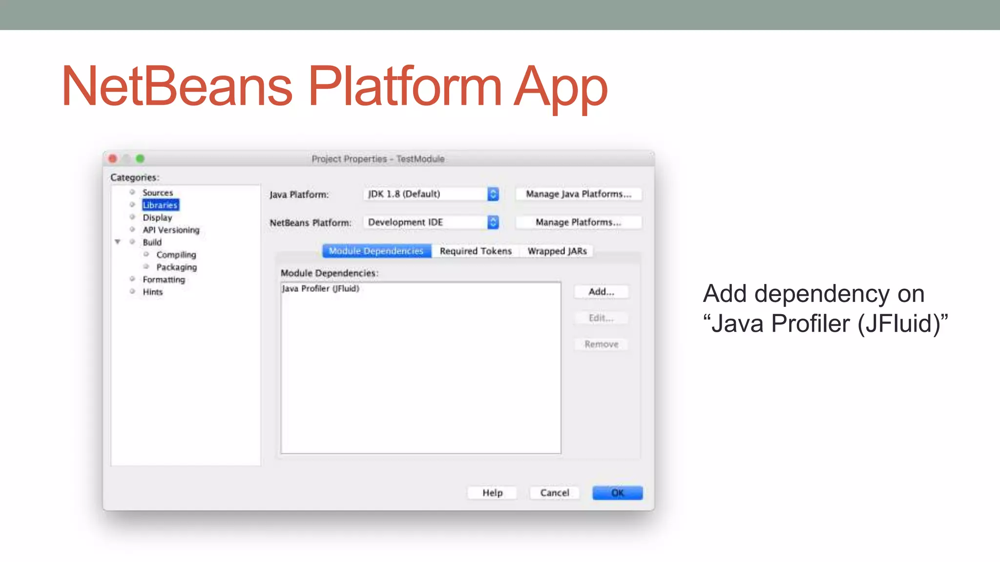 NetBeans Platform App
Add dependency on
“Java Profiler (JFluid)”
 
